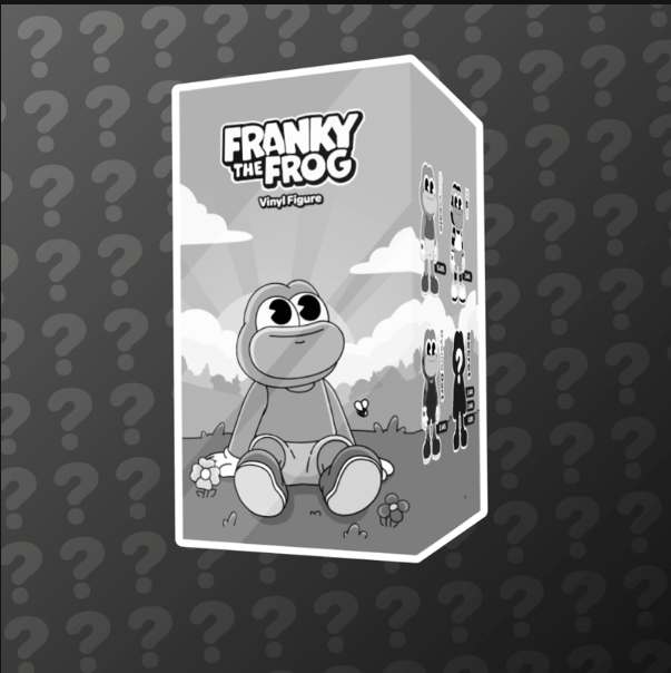 A grayscale mystery box featuring 'Franky the Frog Vinyl Figure' with a cartoon frog character sitting in a grassy scene, set against a dark background with question marks.