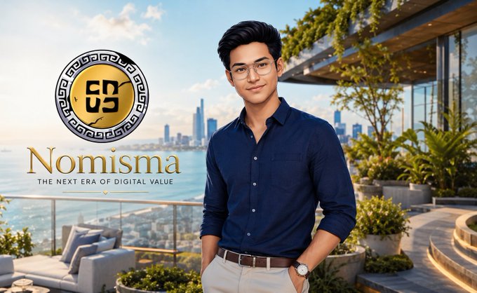 A promotional image for 'Nomisma - The Next Era of Digital Value' featuring a young man with glasses standing on a balcony overlooking a coastal city, alongside the Nomisma coin logo.