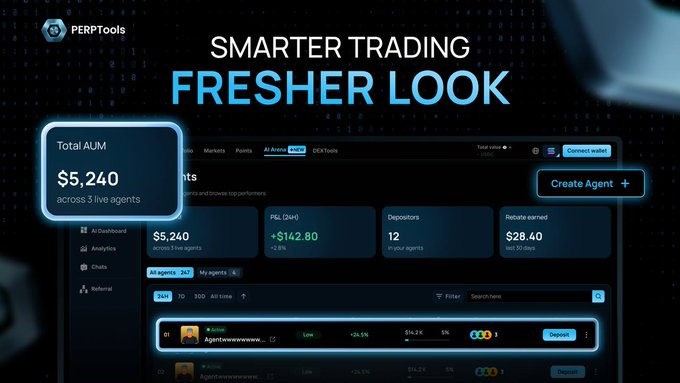 The image features an advertisement for a new AI trading tool called "PERPTools" that has been updated with a fresh look, making it more user-friendly and visually appealing. The text on the image reads "Smarter trading, now with a fresh look! The new AI Agent version on PERPTools is built for a smoother experience, cleaner flows, better visibility, and easier strategy management". This description highlights the improvements in the tool's interface and features, which can enhance the user experience and make trading more efficient.
