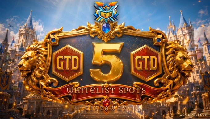 A promotional graphic for Xlorbs featuring a fantasy castle backdrop with golden lion sculptures and text reading 'GTD 5 GTD WHITELIST SPOTS GIVEAWAY' along with the XLORBS.TECH watermark.