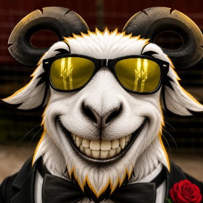 A stylized anthropomorphic goat wearing yellow sunglasses and a tuxedo with a red rose lapel pin grins widely, likely serving as the mascot or "FUNKYGOAT" persona for the $SHFL giveaway livestream.