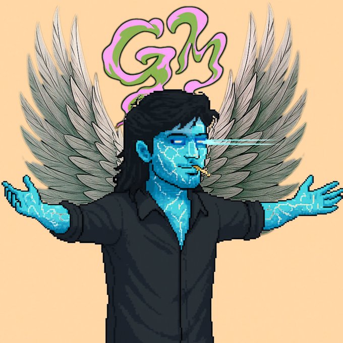 A stylized digital illustration of a blue-skinned man with white angel wings, glowing blue eyes, smoking a cigarette, with the letters 'GM' in a pink heart above his head.