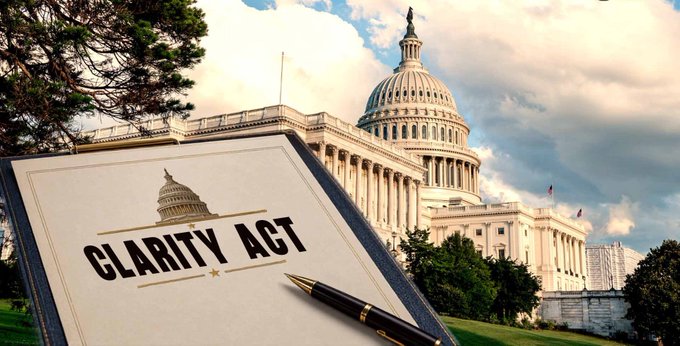 A folder labeled "CLARITY ACT" sits in front of the U.S. Capitol building with a pen, symbolizing the stalled crypto legislation tied to ongoing Senate debates over Trump's ethics and family crypto ventures.