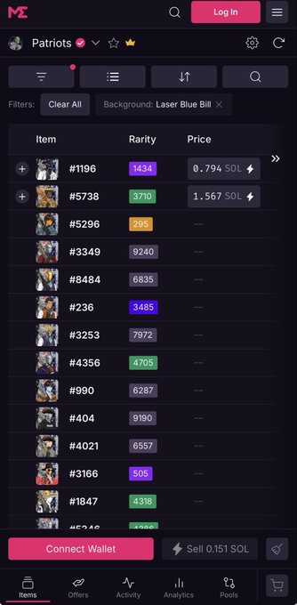 A mobile app screenshot for the 'Patriots' NFT collection showing a marketplace list of items with rarity scores (e.g., #1196, #5738), background 'Laser Blue Bill', and prices in SOL.