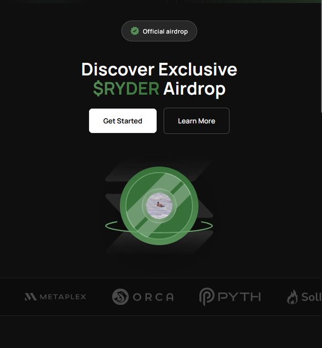 A promotional graphic for an official airdrop displays 'Discover Exclusive $RYDER Airdrop' with 'Get Started' and 'Learn More' buttons, a green circular logo, and partner logos including METAPLEX, ORCA, and PYTH.