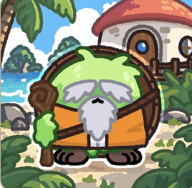A cartoon illustration of a green slime-like creature with a white beard, holding a wooden staff and wearing an orange robe, standing on a beach with a house and palm tree in the background.