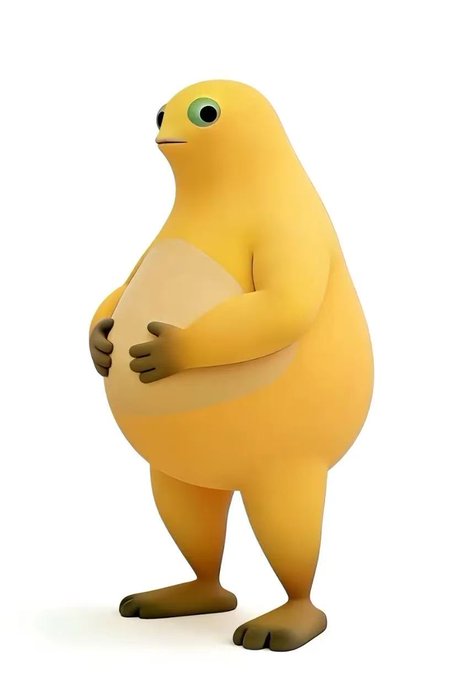 A 3D-rendered cartoon character of a chubby yellow creature with green eyes and a cream-colored belly, posed upright on two legs.