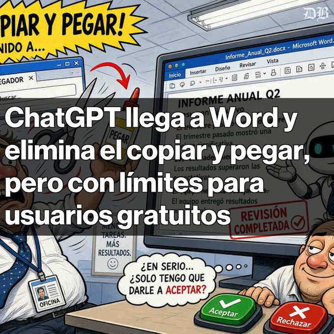 A cartoon-style illustration showing a computer screen and a person at a desk, with Spanish text announcing 'ChatGPT llega a Word y elimina el copiar y pegar, pero con límites para usuarios gratuitos' (ChatGPT arrives in Word and eliminates copy and paste, but with limits for free users).