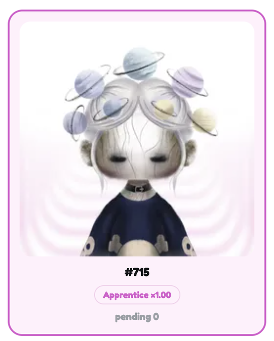 A digital collectible card showing a stylized doll-like figure with planet-shaped hair decorations, labeled '#715' and 'Apprentice x1.00' with 'pending 0' below.