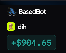 A screenshot shows a trading bot called "BasedBot" reporting a profit of +$904.65 on the token ticker "dih," complementing the post about taking a small profit while still holding the remainder of the position.
