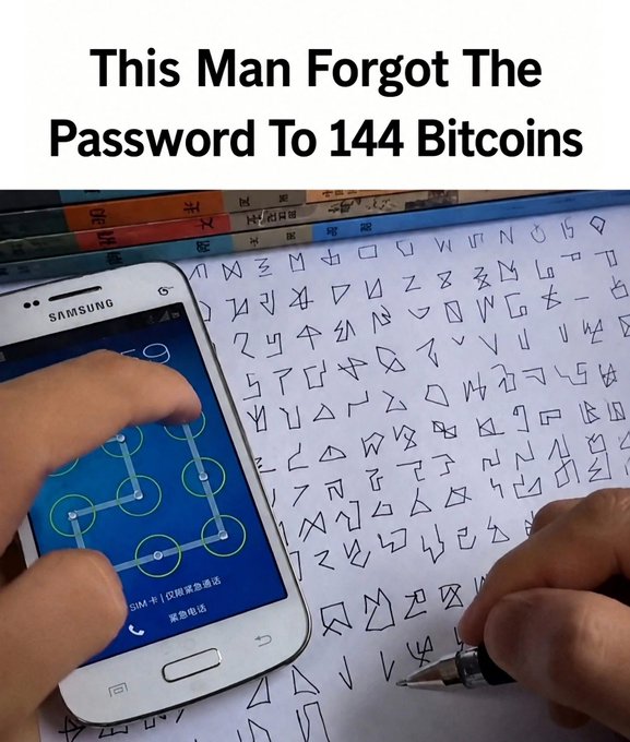 A meme image captioned 'This Man Forgot The Password To 144 Bitcoins', showing a hand entering a pattern lock on a Samsung phone beside a piece of paper filled with handwritten pattern variations and a pen.