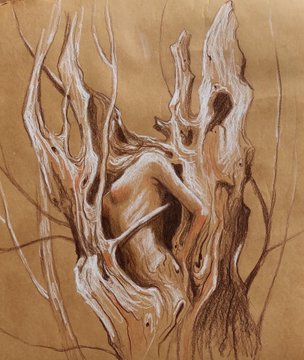 A surreal artwork features a figure emerging from or merging with a twisted, hollow tree trunk rendered in earthy brown tones.