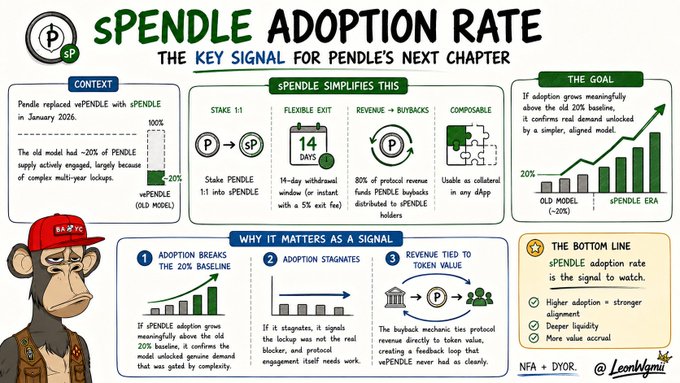 An infographic titled 'SPENDLE ADOPTION RATE: THE KEY SIGNAL FOR PENDLE'S NEXT CHAPTER' by LearnNyme (NFA/DYOR), explaining the sPENDLE migration and tokenomics.