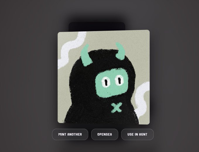 A digital NFT artwork depicting a black hooded creature with green horns, a mint-colored face, and a stitched X mouth, displayed in a UI with 'MINT ANOTHER', 'OPENSER', and 'USE IN AGNT' buttons.