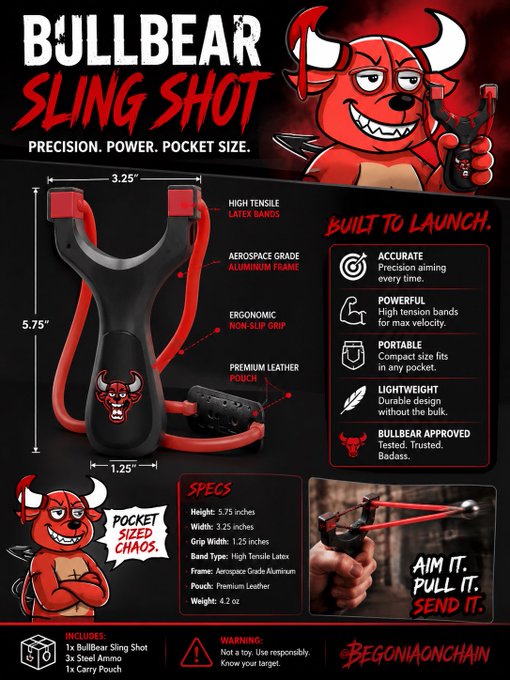 A product advertisement showcases the 'BULLBEAR SLING SHOT' with its specifications listed (Height: 5.75 inches, Width: 3.25 inches) alongside a red cartoon bull mascot and branding for BegoniaOnChain.