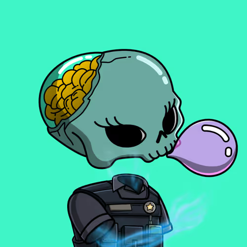 An illustration of a skull-headed character with an exposed brain, wearing a dark police-style uniform, blowing a purple bubblegum bubble against a bright green background.