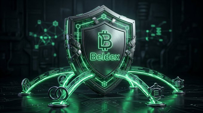 A digital artwork of a futuristic metallic shield with a Bitcoin symbol and the text 'Beldex' glowing in neon green against a dark technological background with circuit board patterns.