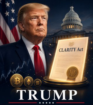 This image depicts Donald Trump with the Capitol building in the background, highlighting the "CLARITY Act" and cryptocurrency symbols like Bitcoin and Ethereum, suggesting his potential support for crypto policy. The image directly relates to the news of the White House backing crypto assets and requesting Congress to pass the CLARITY Act.