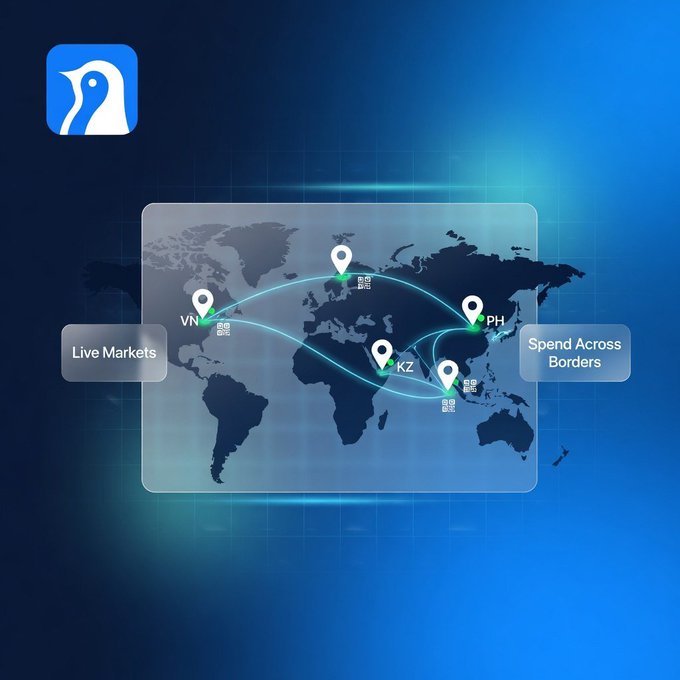 The image features a world map displaying location markers connected by glowing lines across Vietnam (VN), Philippines (PH), and Kazakhstan (KZ), with labels "Live Markets" and "Spend Across Borders" flanking the map, visually reinforcing the post's claim that @AntarcticWallet already operates real USDT QR payment rails across these countries and others like Thailand, Cambodia, Laos, and Mongolia.
