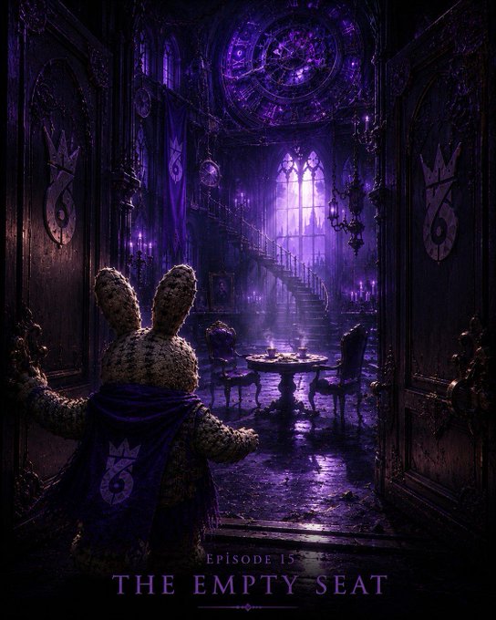 A dark fantasy promotional poster for Episode 15 'The Empty Seat' features a knitted bunny character in a purple cape facing a gothic, purple-lit interior with a dining table and an empty chair.