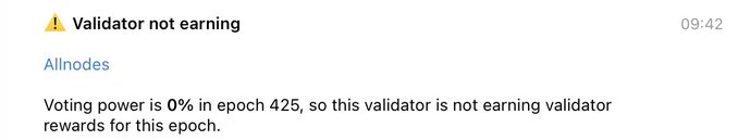 An error notification message stating 'Validator not earning' from Allnodes, indicating voting power is 0% in epoch 425 so the validator is not earning rewards.