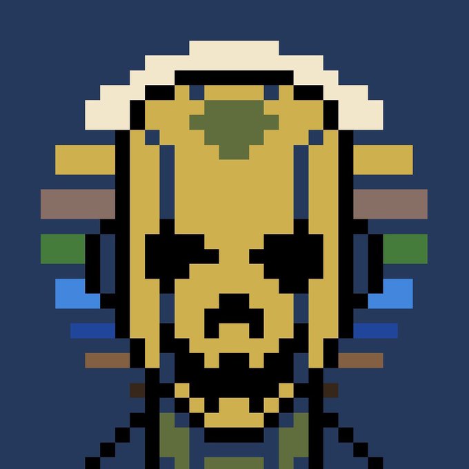 A pixel art portrait of a blonde figure with a green diamond on their forehead, wearing a white crown, set against a dark blue background with colorful bars on either side.