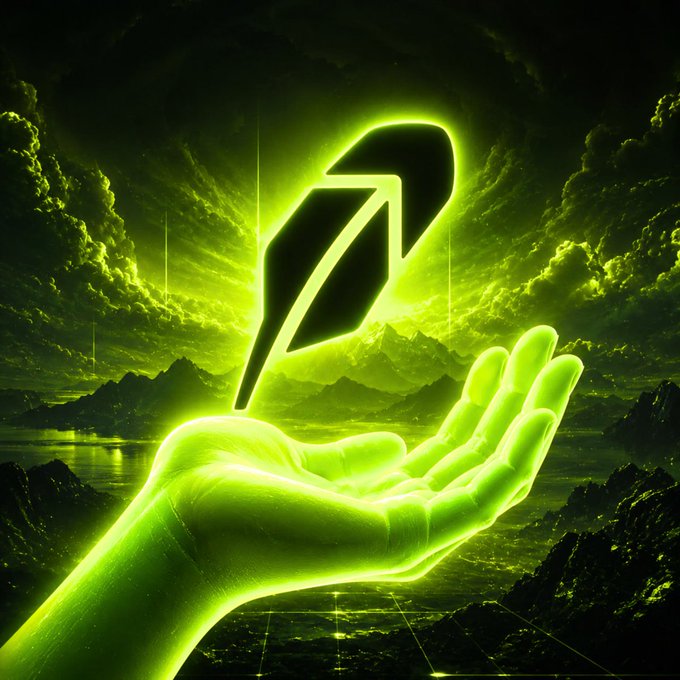 A glowing green hand cradles the Robinhood feather logo against a dramatic, neon-lit cosmic sky, visually reinforcing the post's bullish call on Robinhood Crypto by symbolizing support, ascension, and rising potential.