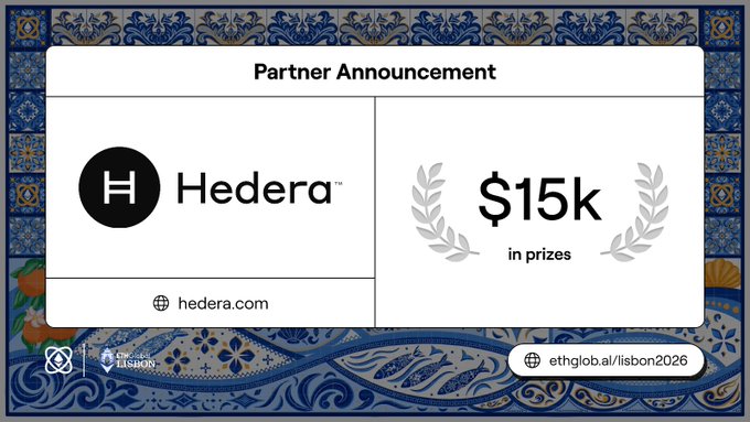 A Partner Announcement graphic for Hedera ($15k in prizes) with a blue tile border and the URL ethglob.al/lisbon2026.