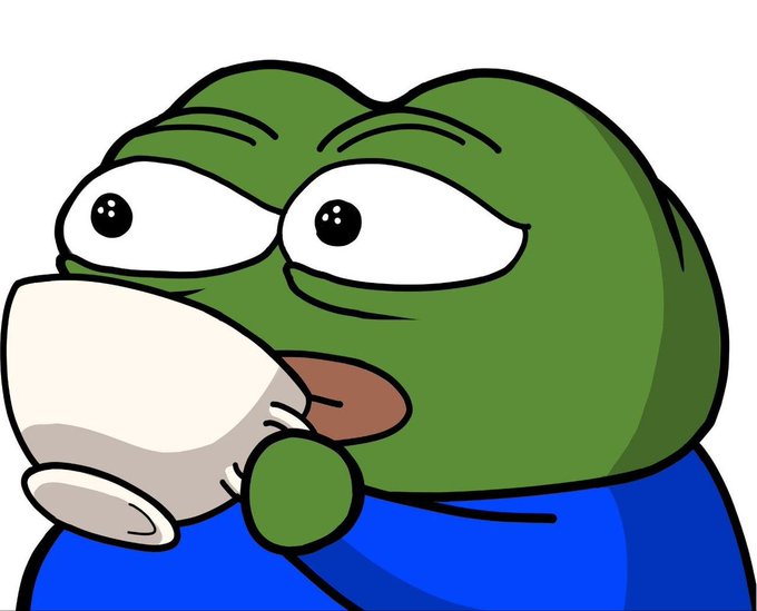 A cartoon illustration of a green frog (Pepe) holding a white cup or mug.