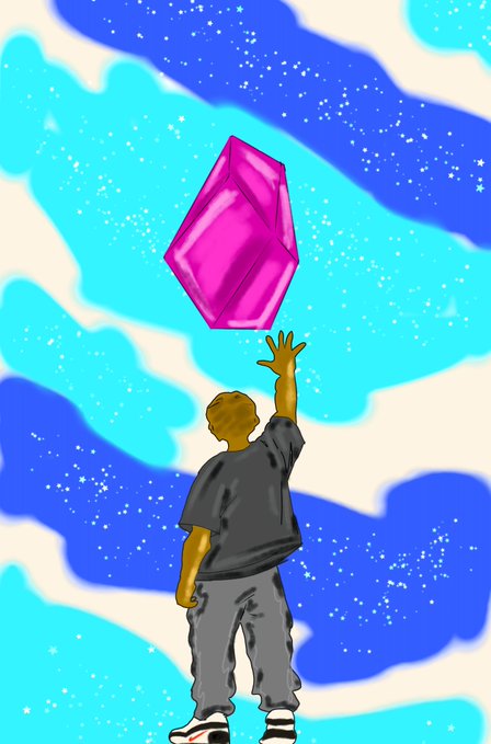 An illustration of a person reaching up toward a floating magenta crystal against a blue and white swirling sky background.
