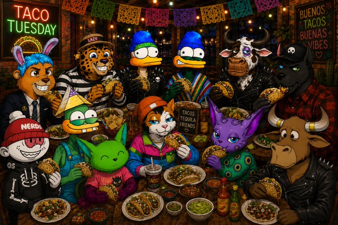 A group of NFT characters from @mimuonape, @supducks, @GutterCatGang, @LazyLionsNFT, @LazyBullClub, and @nerdsoneth gather around a table for "Taco Tuesday," enjoying tacos from "Paco's Tacos" while neon signs advertising "TACO TUESDAY," "BUENOS TACOS BUENAS VIBES," and "TACOS TEQUILA FRIENDS" illuminate the festive scene.