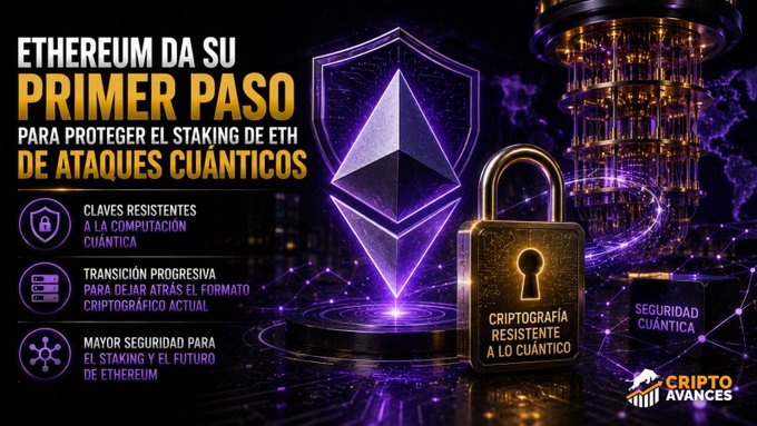 A Spanish-language infographic about Ethereum titled 'ETHEREUM DA SU PRIMER PASO PARA PROTEGER EL STAKING DE ETH DE ATAQUES CUÁNTICOS', featuring the Ethereum logo, a padlock labeled 'CRIPTOGRAFÍA RESISTENTE A LO CUÁNTICO', and bullet points about quantum-resistant keys and greater security, with 'CRIPTODAVANCES' branding.
