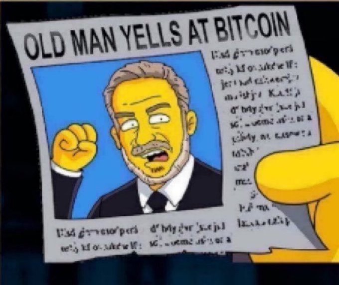 A Simpsons-style cartoon image shows a newspaper headline reading 'OLD MAN YELLS AT BITCOIN' with an illustration of an angry older man in a suit.