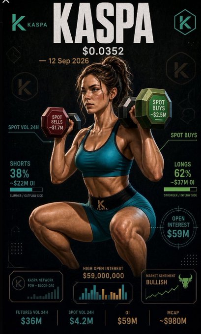 A promotional infographic for the cryptocurrency KASPA shows a price of $0.0352 on 12 Sep 2026, featuring an illustration of a muscular woman lifting dumbbells labeled 'SPOT SELLS' and 'SPOT BUYS', alongside trading statistics indicating 62% longs, 38% shorts, and a bullish market sentiment.