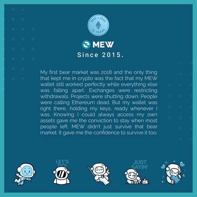 The image features a blue background with white text, including a caption about an article titled "My first bear market was 2018 and the only thing that kept me up at night was that my MEW was the only thing that worked perfectly while everything else was falling apart." The caption also mentions that the post is from the cryptocurrency exchange MEW.