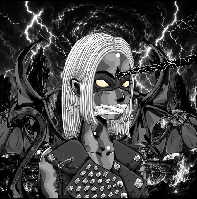 Black and white digital illustration of a pale character with long white hair, glowing yellow eyes, a stitched mouth, and dark wings, surrounded by lightning.
