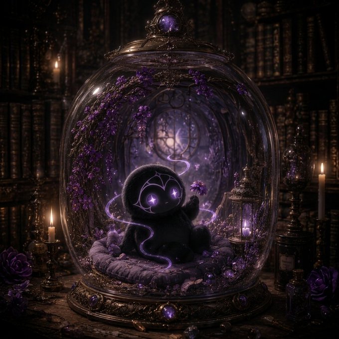 A gothic, fantasy-style image of a small black plush creature with glowing purple eyes inside an ornate glass dome filled with purple flowers and crystals, set against a backdrop of antique bookshelves and candles.