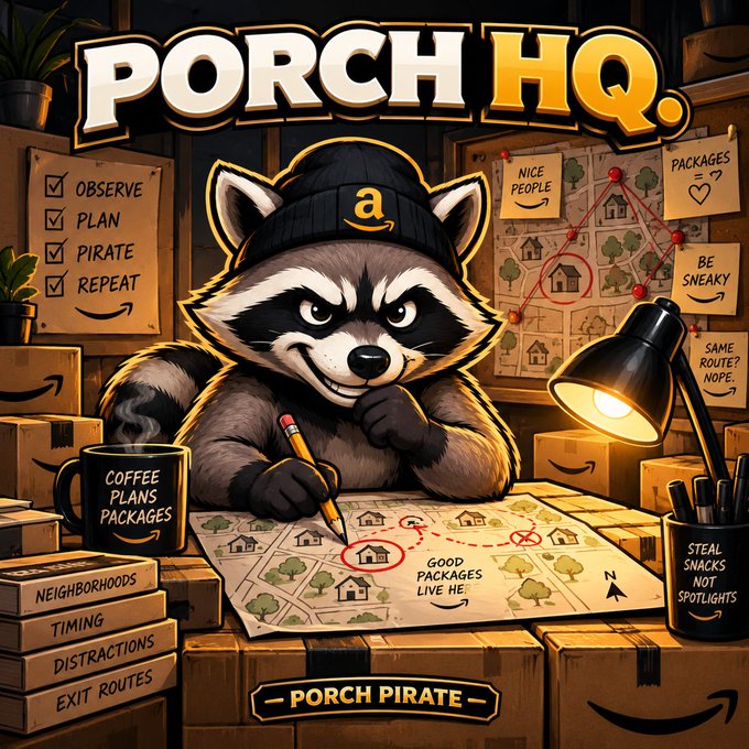A cartoon raccoon wearing an Amazon-branded beanie at a 'PORCH HQ' desk planning package thefts, with Amazon boxes and notes reading 'OBSERVE, PLAN, PIRATE, REPEAT' and 'PORCH PIRATE'.