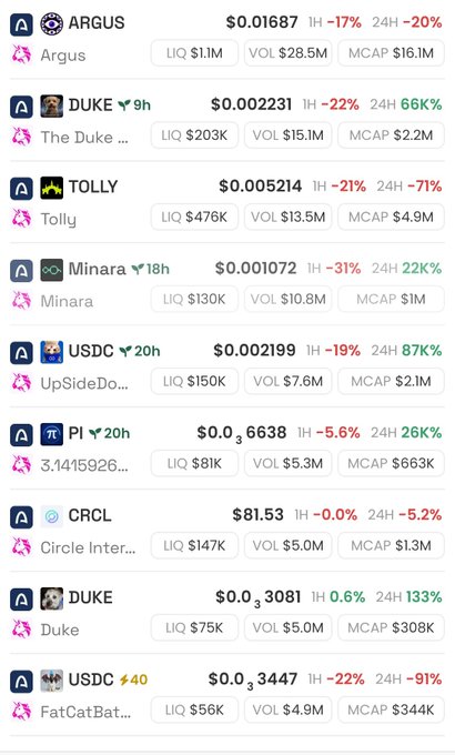 A list of cryptocurrency tokens displayed with their tickers including ARGUS, DUKE, TOLLY, Minara, USDC, PI, CRCL, and FatCatBat, showing their prices, 1H and 24H price changes, liquidity, volume, and market cap.