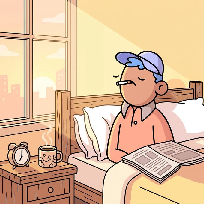 A cartoon character with a blue cap sits up in a wooden bed reading a newspaper, with sunlight streaming through a window onto a steaming cup of coffee and an alarm clock on a nightstand. The image illustrates the post's cozy "good morning" theme, capturing the quiet warmth of waking up with coffee and morning rays.