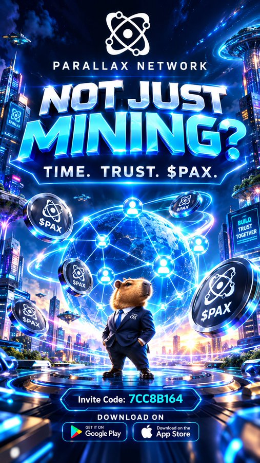 A vibrant advertisement for 'Parallax Network' featuring a capybara in a suit, the slogan 'NOT JUST MINING? TIME. TRUST. $PAX.', and an invite code '7CC8B164'.