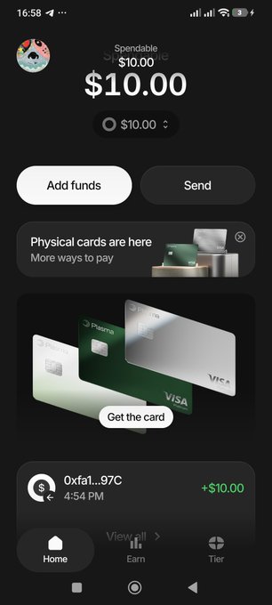 A mobile app screenshot showing a wallet interface with a 'Spendable' balance of $10.00, featuring 'Add funds' and 'Send' buttons, a promotional banner for 'Physical cards are here', and a recent transaction from '0xfaf...97C' showing +$10.00.