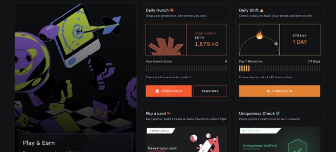 A dark-themed app dashboard with sections including 'Daily Punch' showing 1,879.40, 'Daily Shift' with a 1-day streak, 'Flip a card' earn points feature, and 'Uniqueness Check' verification.