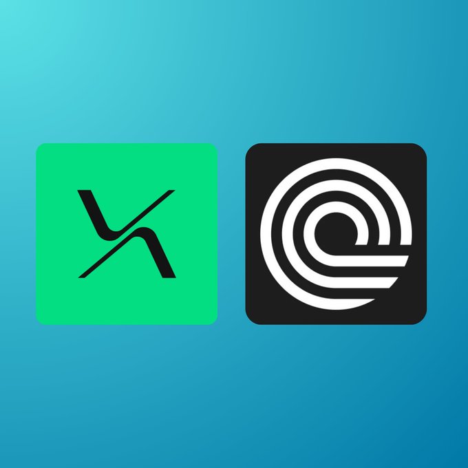 A gradient blue background displays two app icons: a green square with a stylized 'X' logo and a black square with a white circular emblem.