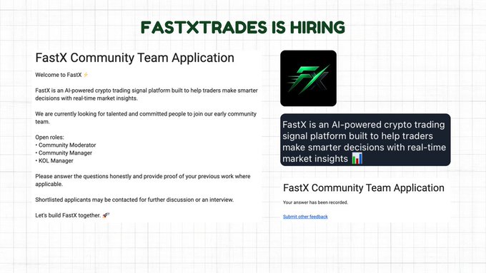 A job posting titled 'FASTXTRADES IS HIRING' advertises a 'FastX Community Team Application' for roles including Community Moderator, Community Manager, and KOL Manager.