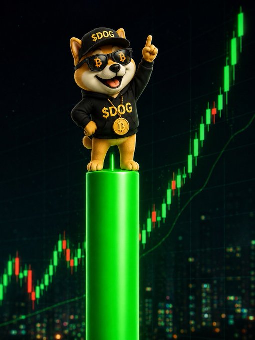 A 3D-rendered meme coin mascot dog wearing a black cap and shirt with '$DOG', Bitcoin-themed sunglasses, and a gold Bitcoin chain, standing on a green candlestick against a chart of rising green bars.