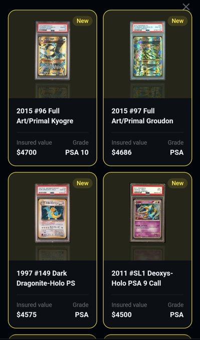 A mobile app interface displaying graded Pokémon cards for sale, including '2015 #96 Full Art/Primal Kyogre' for $4700 and '2015 #97 Full Art/Primal Groudon' for $4686.