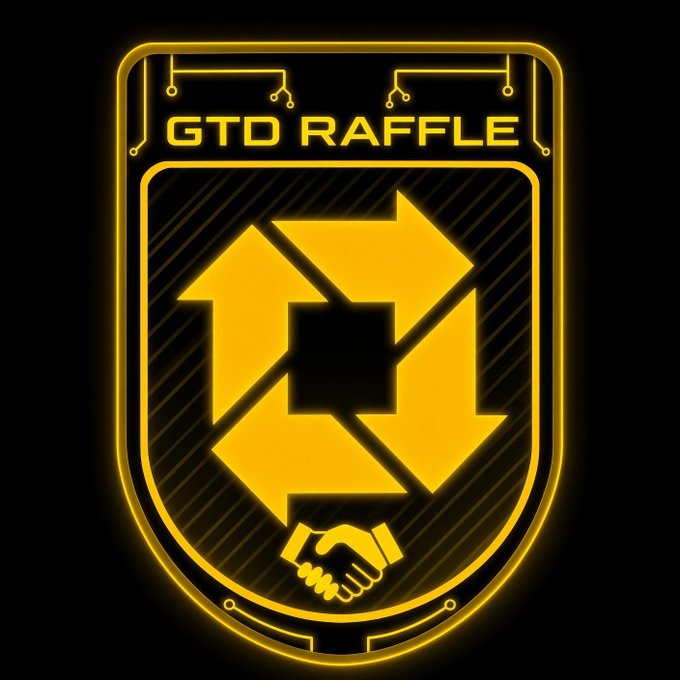 A glowing yellow and black shield logo for 'GTD RAFFLE' featuring four directional arrows and a handshake symbol.