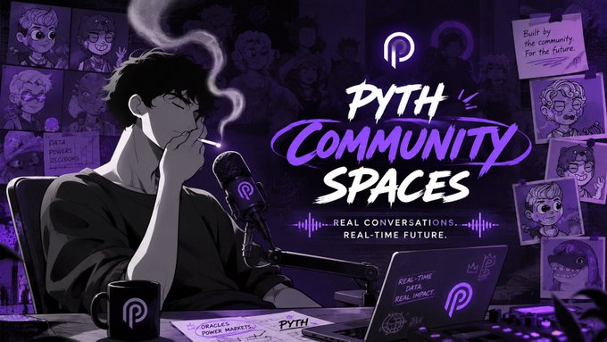 Promotional artwork for "PYTH COMMUNITY SPACES" featuring an animated character smoking at a microphone, with the tagline "REAL CONVERSATIONS. REAL-TIME FUTURE."