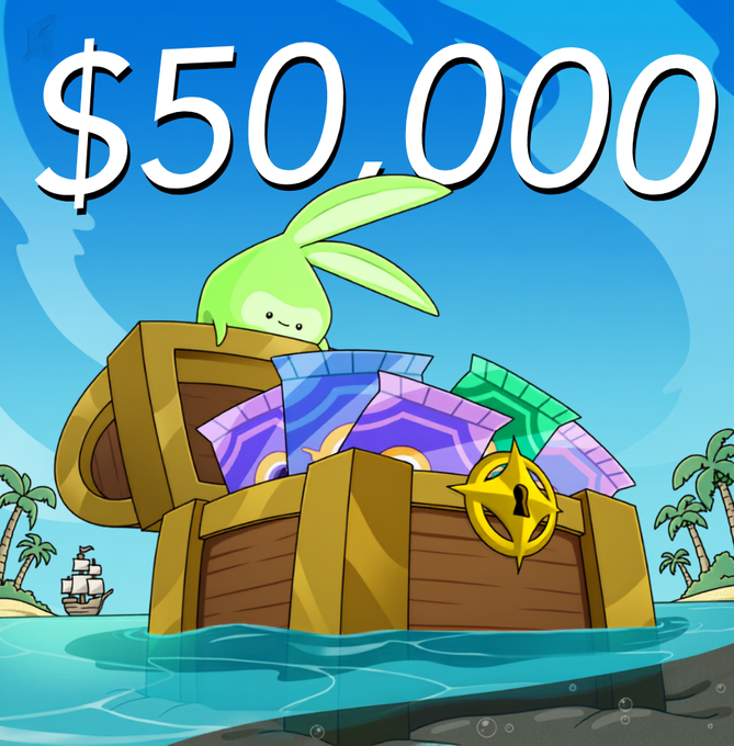 A cartoon treasure chest overflowing with gems and cards displays "$50,000" in large text at the top, visually representing the guaranteed USDC prize pool for Season Genesis announced in the accompanying post about the Genesis Drop. A small green bunny mascot peeks from behind the chest, reinforcing the playful, reward-focused tone of the giveaway announcement.